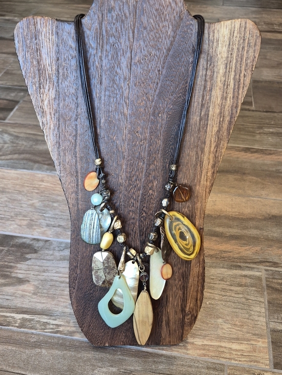 Chico's Jewelry - Vtg Chico's Eclectic Charm Bead Adjustable Length Leather Cord Necklace
